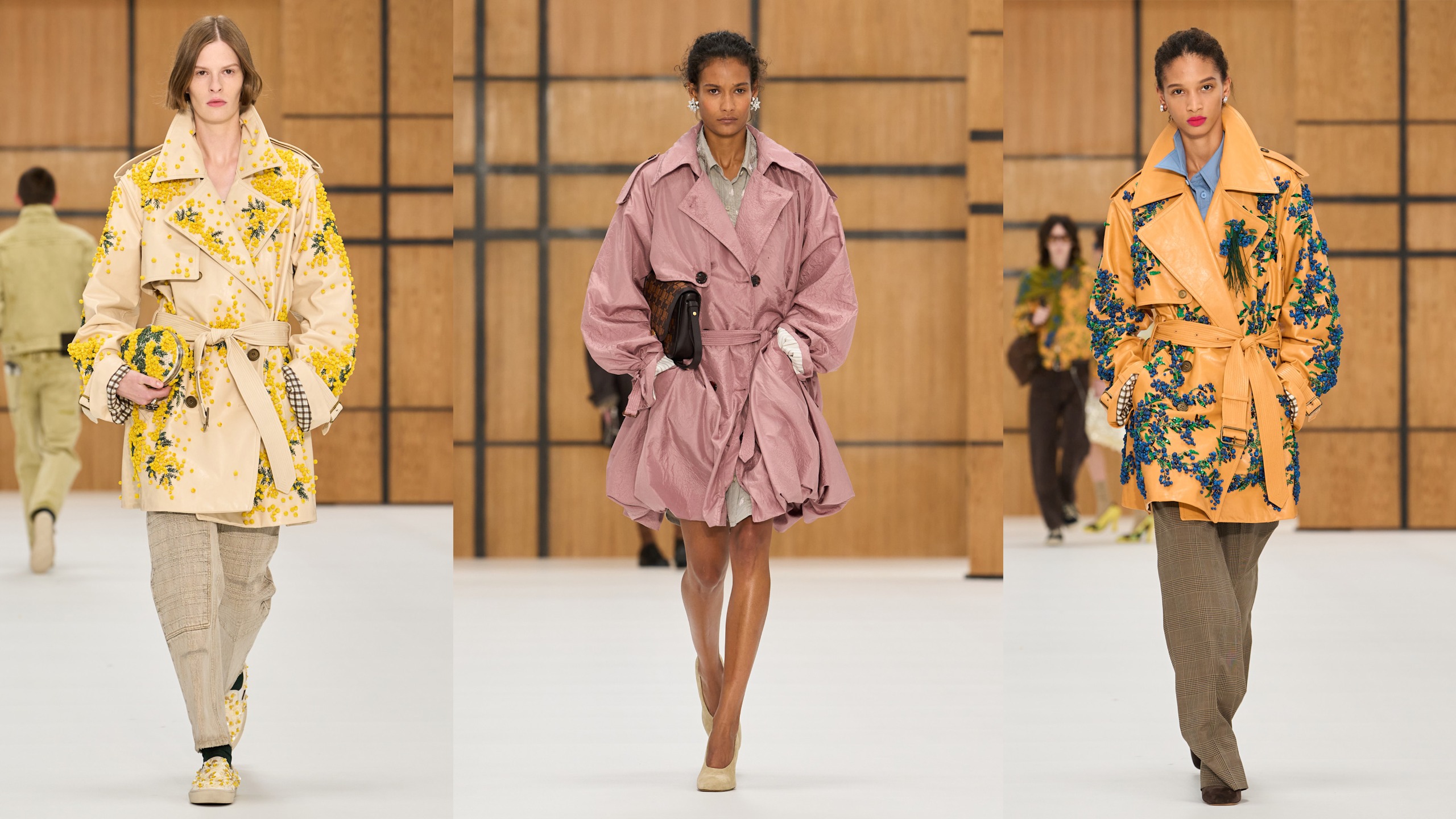 Three images from burberry spring/summer 2027 runway.