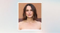 Keira Knightley is pictured with a wavy bob hairstyle and wearing a white, strapless dress at the Tod's fashion show during the Milan Fashion Week - Womenswear Fall/Winter 2025/2026 on February 28, 2025, in Milan, Italy/ in a pink, blue, purple and green gradient template