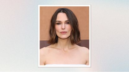 Keira Knightley is pictured with a wavy bob hairstyle and wearing a white, strapless dress at the Tod's fashion show during the Milan Fashion Week - Womenswear Fall/Winter 2025/2026 on February 28, 2025, in Milan, Italy/ in a pink, blue, purple and green gradient template