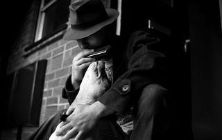 harmonica man playing music with a stafford bull terrier with dog in uk