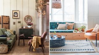 two living rooms shown with modern retro decors to support a key interior design trend 2023