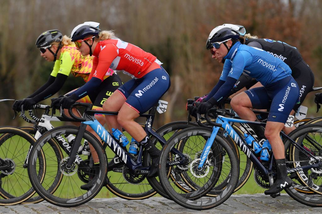 NOKERE BELGIUM MARCH 17 Emma Norsgaard Jorgensen of Denmark and Movistar Team Jelena Eric of Serbia and Movistar Team during the 3rd Nokere Koerse Danilith Classic 2021 Womens Elite a 124km race from Deinze to Nokere NokereKoerse on March 17 2021 in Nokere Belgium Photo by Mark Van HeckeGetty Images