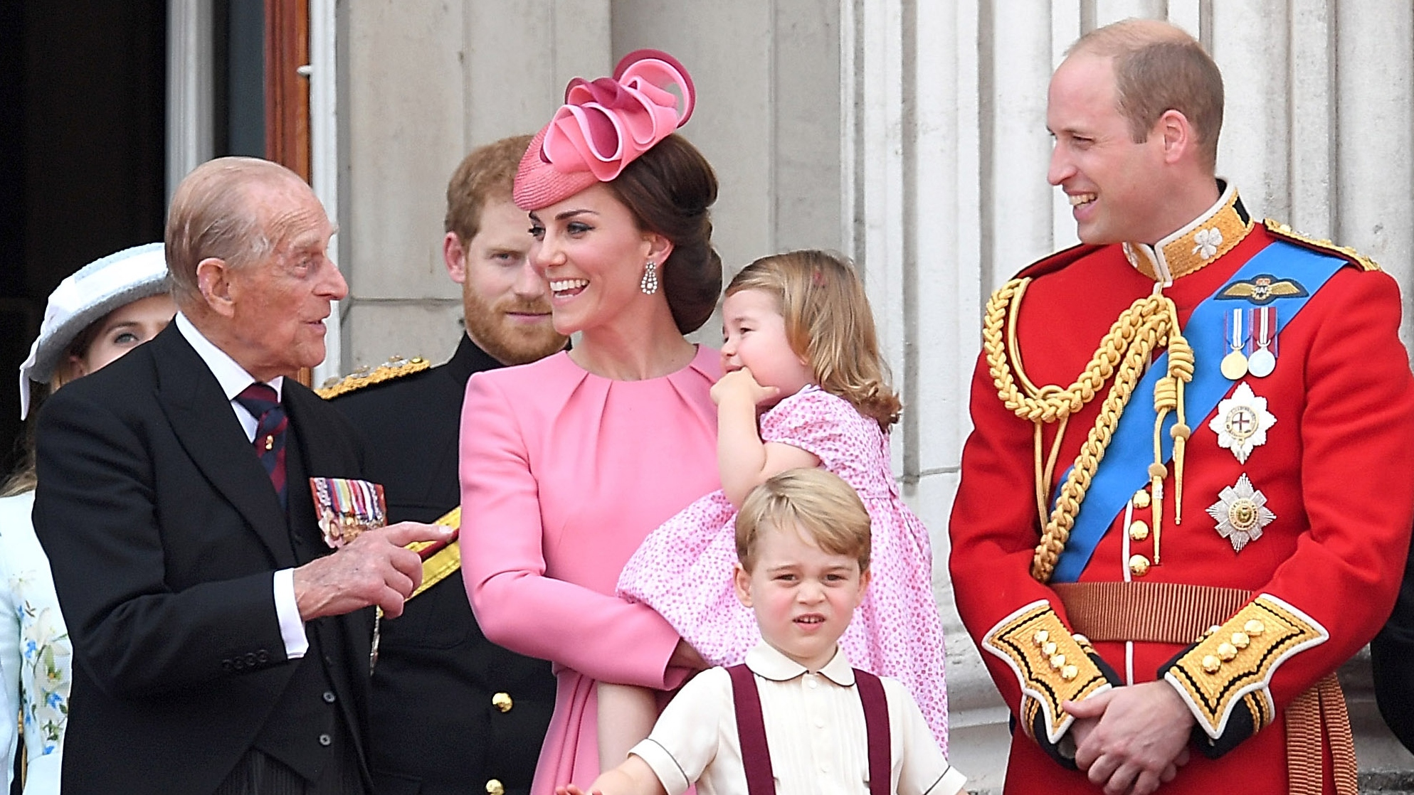 Prince Philip, Catherine, Princess of Wales, Princess Charlotte, Prince George and Prince William look on from the balcony during the annual Trooping The Colour parade at the Mall on June 17, 2017