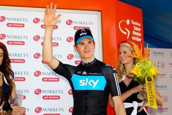 Ben Swift (Sky) salutes the crowd on the podium.