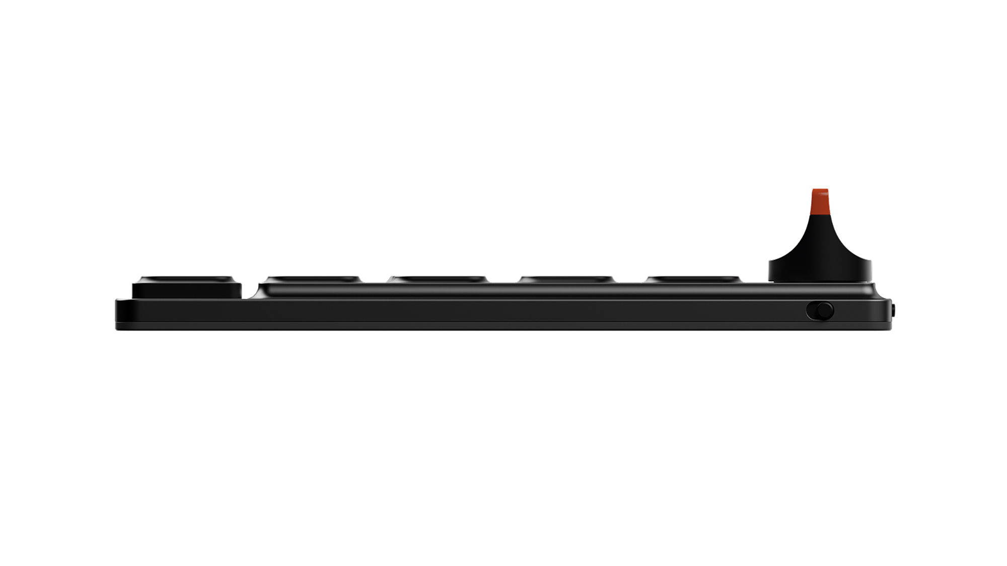 The black Altar II mechanical keyboard seen from a low front angle, with its orange-topped M-Dial standing up in the top-right corner.