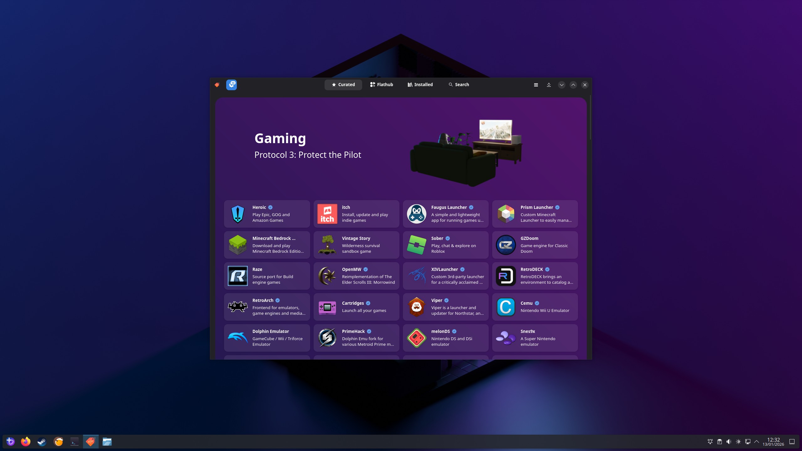 Bazzite desktop screenshot showing desktop UI and app examples
