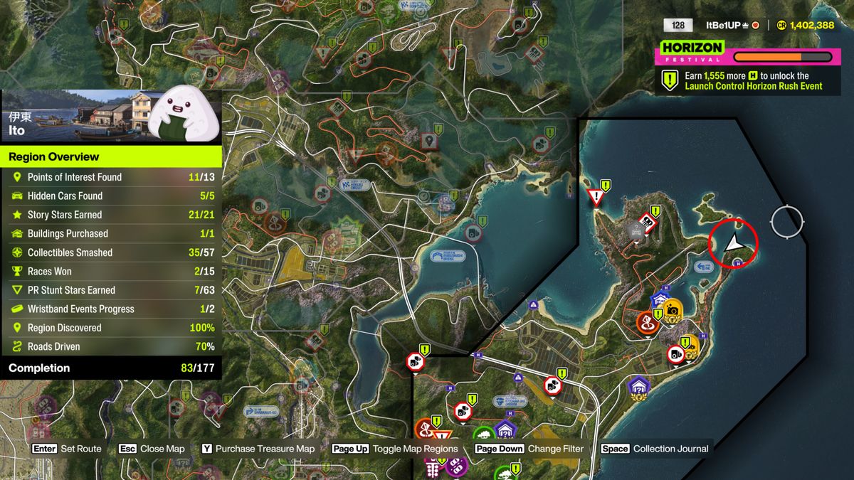 Forza Horizon 6 Ito Treasure Hunt: A screenshot of the map with a red circle showing the location of the treasure chest in the northeast of Ito.