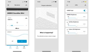 Sennheiser Ambeo Mini-app, der viser kontrolmuligheder for lydstyrke og lysniveauer samt kalibreringsværktøjet