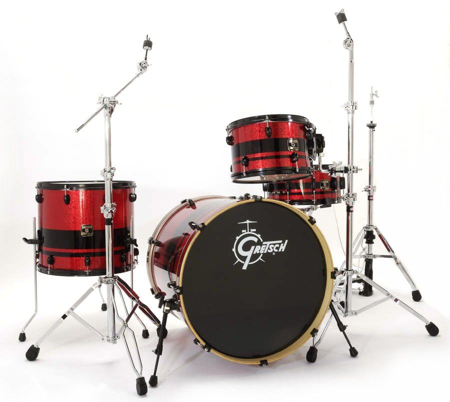 The kit features mahogany shells and gentle 30 degree bearing edges.