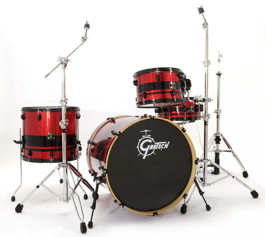 The kit features mahogany shells and gentle 30 degree bearing edges.