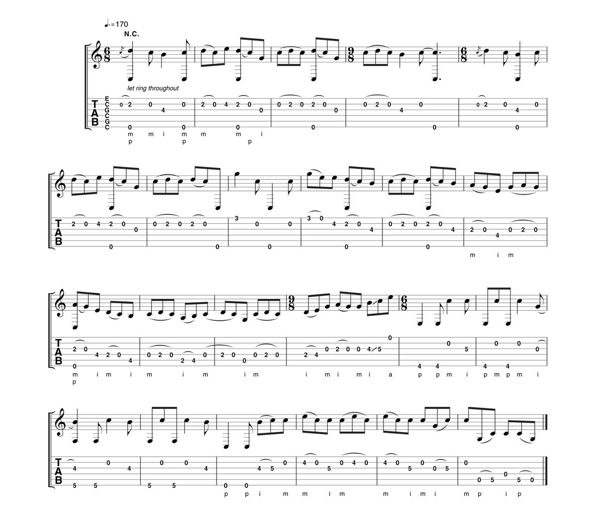 This example shows John's two handed idea. This example shows how John views the fret and picking hand as different parts of a drum kit. Once you have worked on the example, see if you can come up with your own percussive ideas. For the right hand hits in use this Key: Th = thumb, SS =Slap Strings, BB = Behind Bridge.