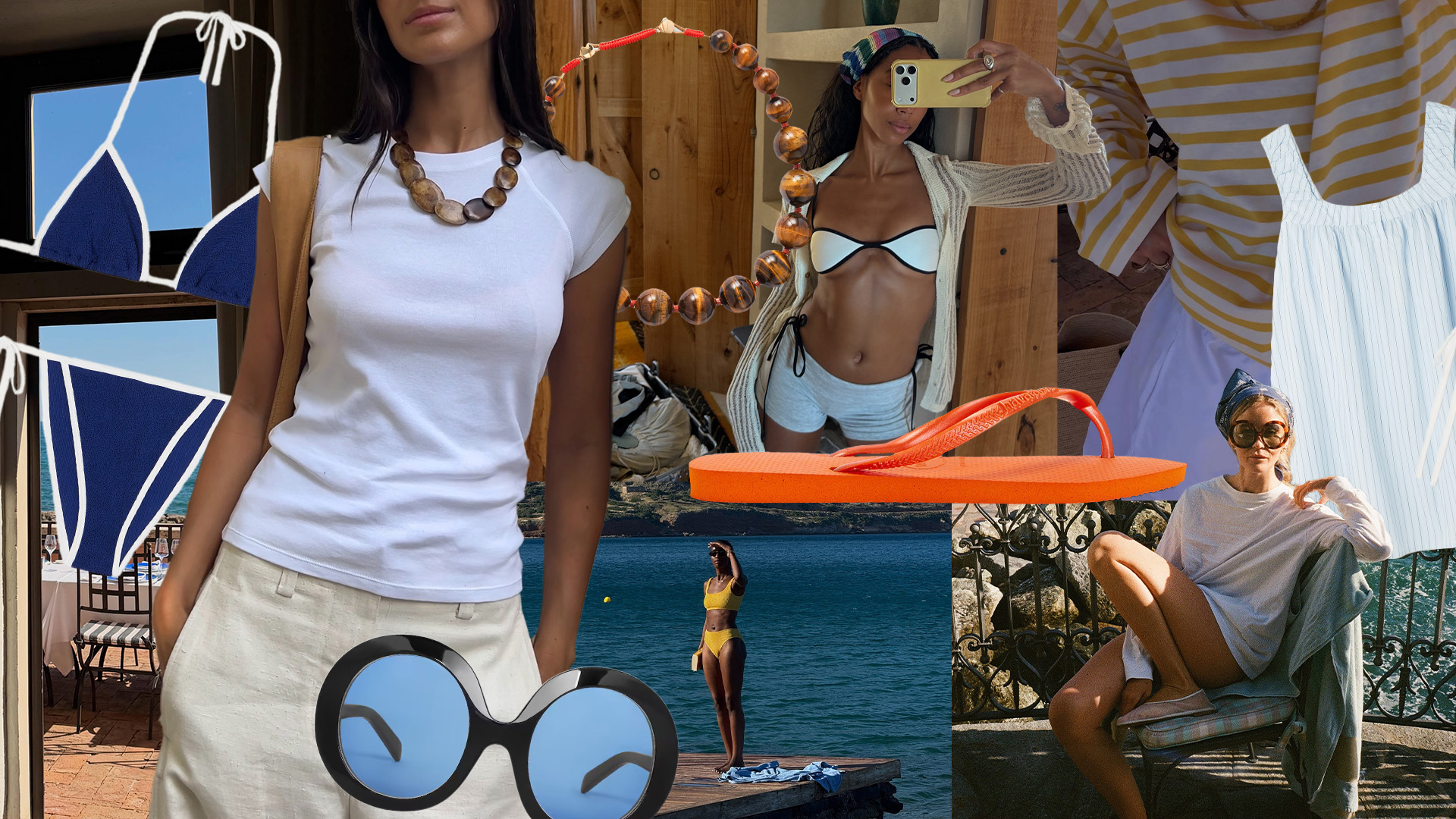 A collage of a bathing suit, sunglasses, beaded necklace, orange flip flops, a sleep dress, and three woman on vacation.