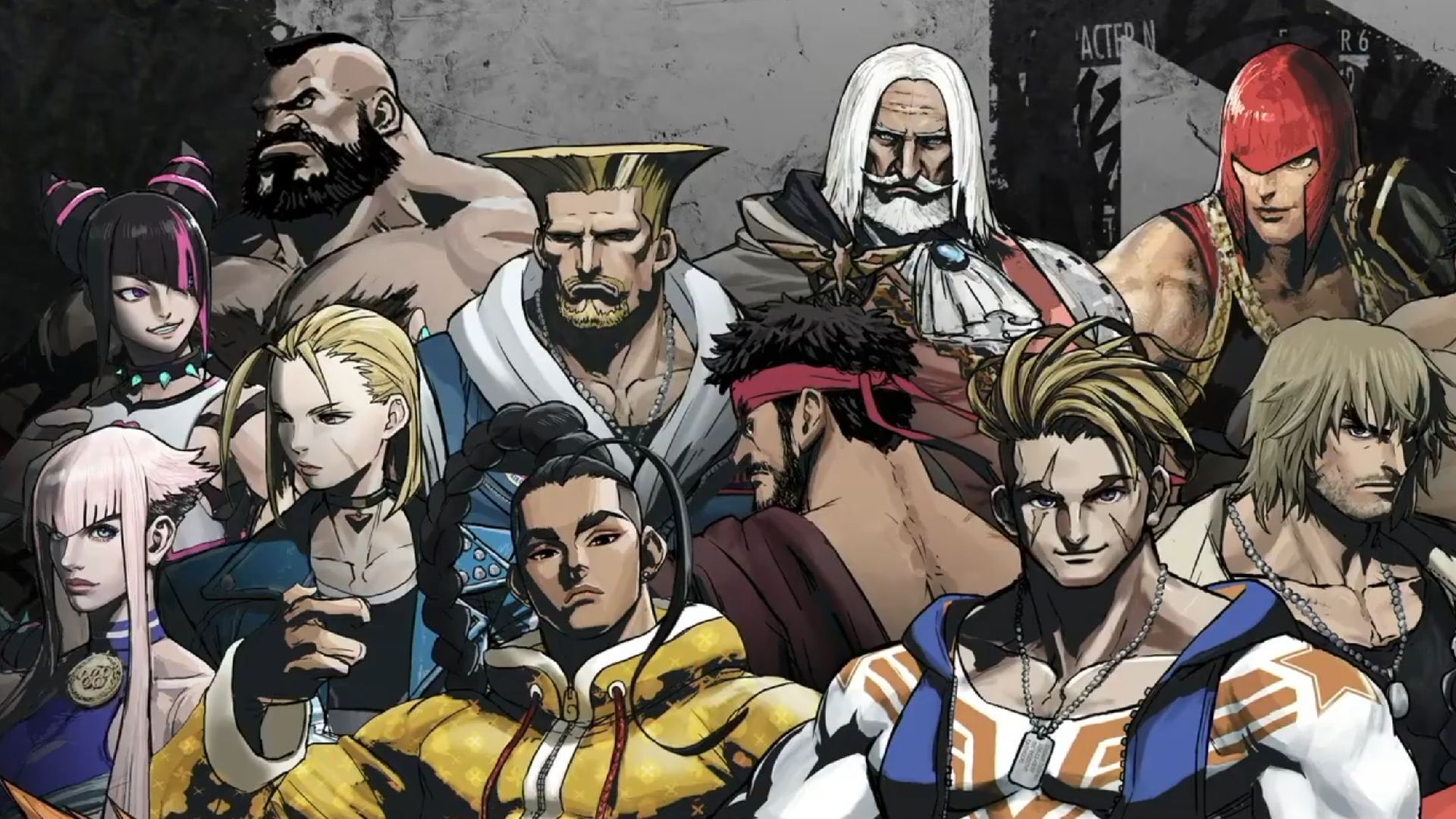 Street Fighter 6 character roster artwork featuring Guile, Jamie, Ken, and others