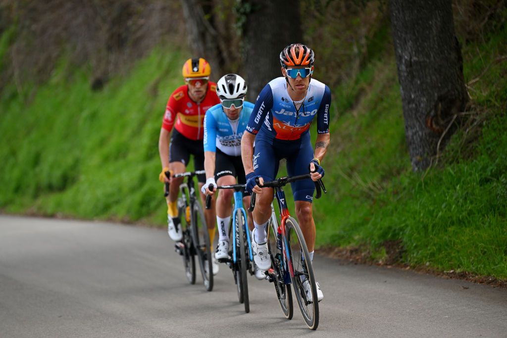 VALLE CASTELLANA ITALY MARCH 08 LR Magnus Cort Nielen of Denmark and Team UnoX Mobility Andrea Vendrame of Italy and Team DecathlonAg2R La Mondiale and Alessandro De Marchi of Italy and Team JaycoAlUla compete in the breakaway during the 59th TirrenoAdriatico 2024 Stage 5 a 144km stage from Torricella Sicura to Valle Castellana 615m UCIWT on March 08 2024 in Valle Castellana Italy Photo by Tim de WaeleGetty Images