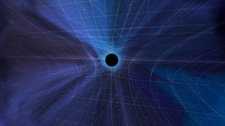 A dark dot sits in the middle of a blue and black starry folded cloth with grid lines over it