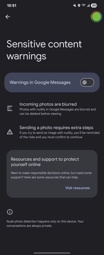 sensitive content warnings on Google Messages