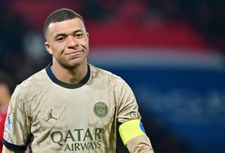 Kylian Mbappé of PSG react during the Ligue 1 Uber Eats match between Paris Saint-Germain and Stade Brestois 29 at Parc des Princes on January 28, 2024 in Paris, France. (Photo by Christian Liewig - Corbis/Getty Images)