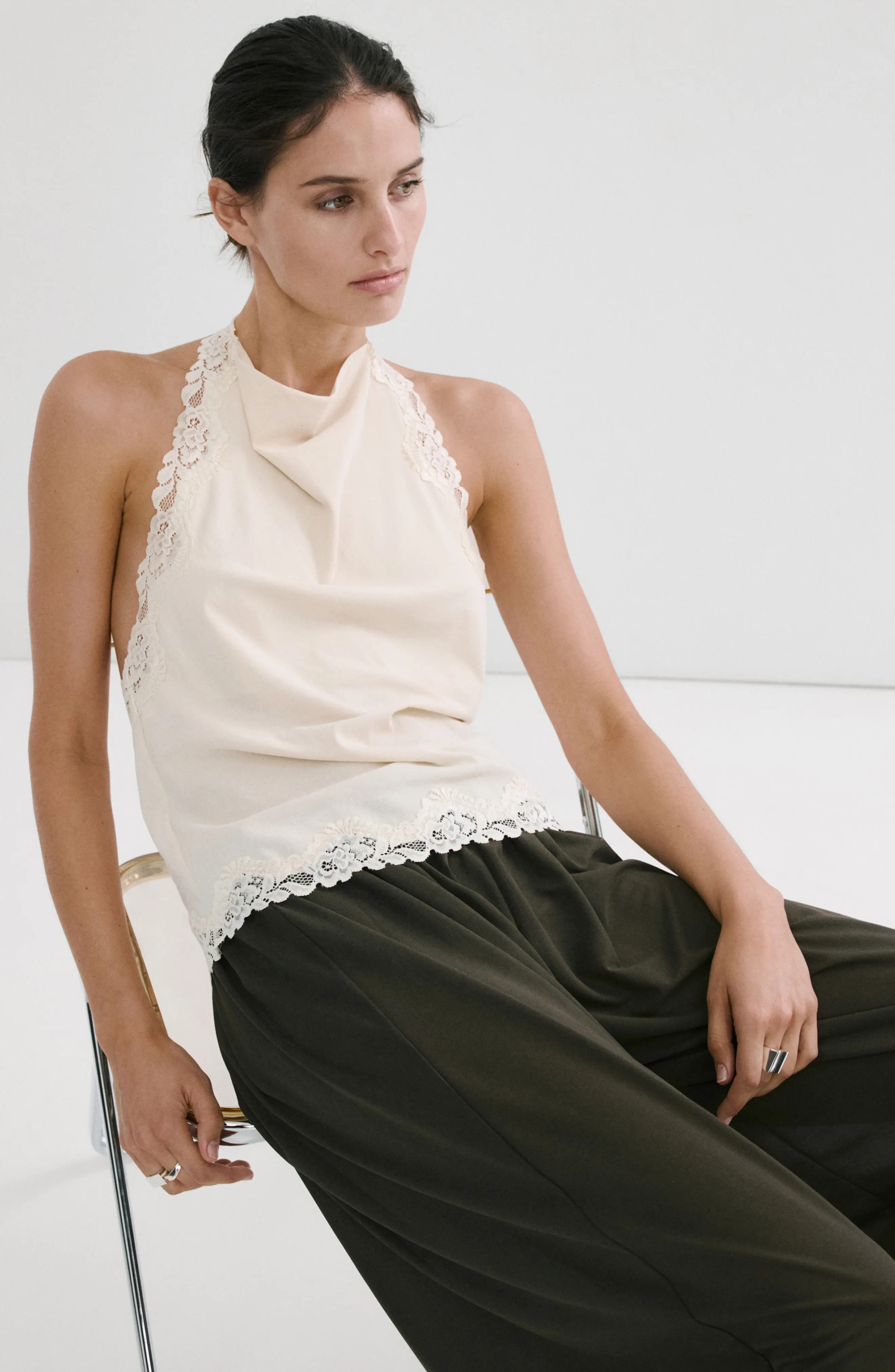 MANGO, Kristen Draped Lace Detail Cotton Halter Top