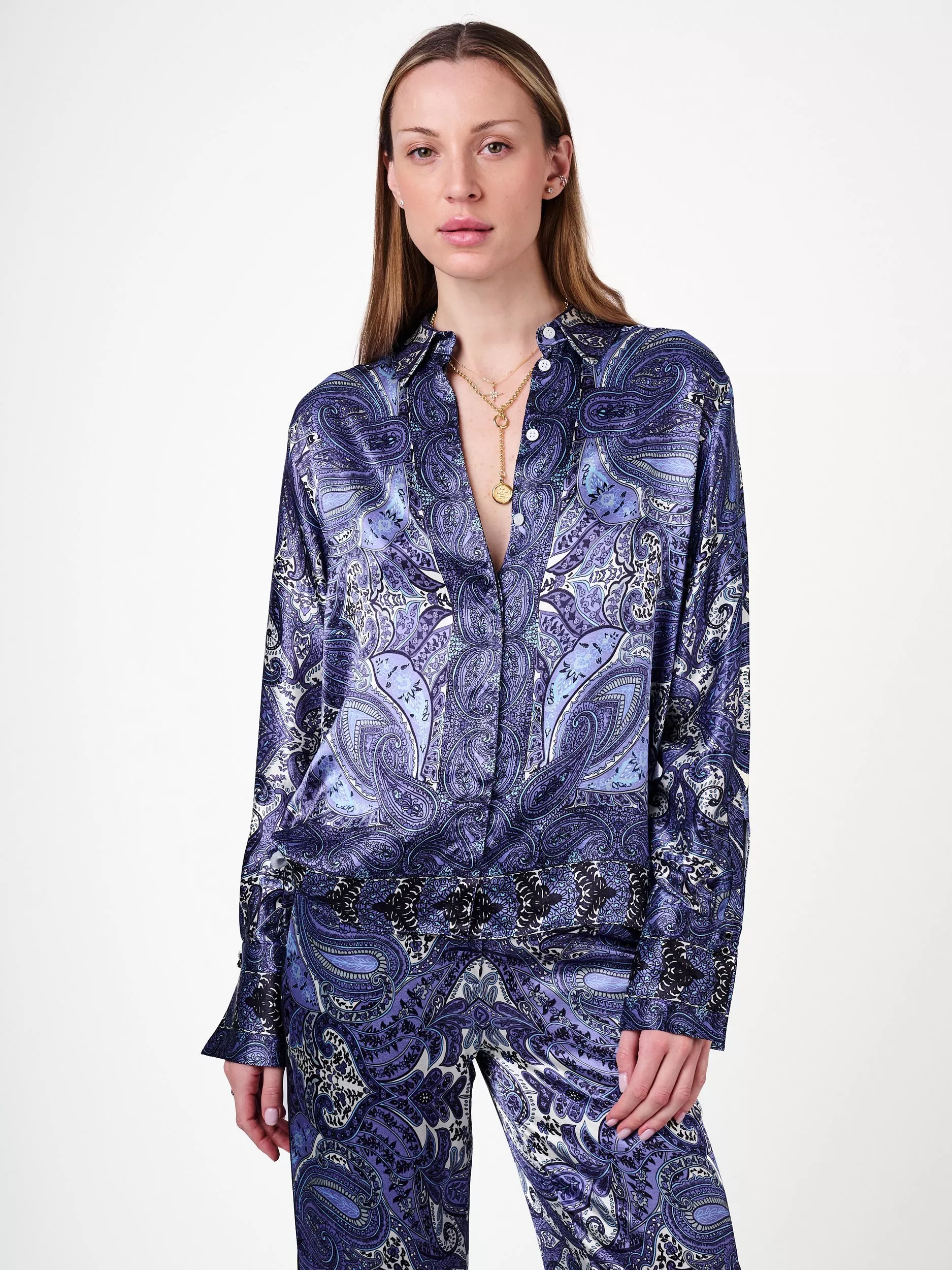 Amanda Wakeley Blythe Long Sleeve Paisley Shirt, Blue Multi