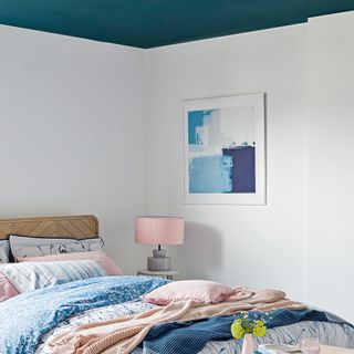 White bedroom with blue ceiling