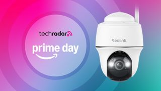 Reolink security camera on blue background with text reading 'TechRadar Prime Day'