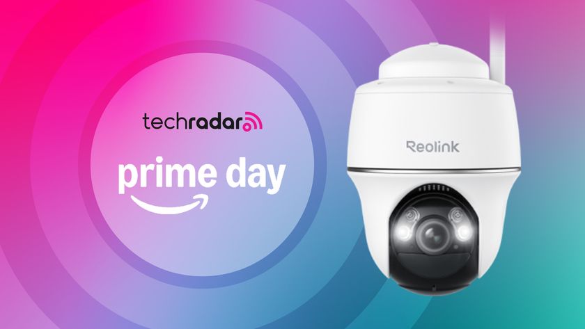 Reolink security camera on blue background with text reading &#039;TechRadar Prime Day&#039;