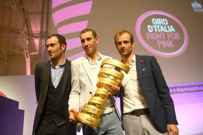 Ivan Basso, Vincenzo Nibali and Michele Scarponi at the presentation of the route of the 2014 Giro d'Italia.