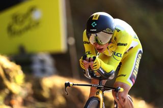ROCAMADOUR FRANCE JULY 23 Jonas Vingegaard Rasmussen of Denmark and Team Jumbo Visma Yellow Leader Jersey sprints during the 109th Tour de France 2022 Stage 20 a 407km individual time trial from LacapelleMarival to Rocamadour TDF2022 WorldTour on July 23 2022 in Rocamadour France Photo by Michael SteeleGetty Images