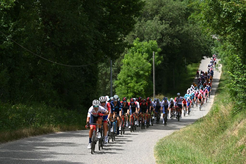LISLE JOURDAIN FRANCE JUNE 16 Jacopo Mosca of Italy and Team Trek Segafredo leads the peloton during the 46th La Route dOccitanie La Depeche du Midi 2022 Stage 1 a 1744km stage from Smac to LIsle Jourdain RDO2022 on June 16 2022 in LIsle Jourdain France Photo by Dario BelingheriGetty Images