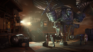 A landscape from WolfEye studio's next game, showing figures repairing a retro-futuristic robot.