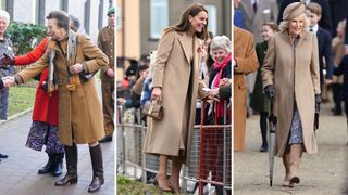 Composite of three pictures of Princess Anne, the Princess of Wales and Queen Camilla each wearing camel coats