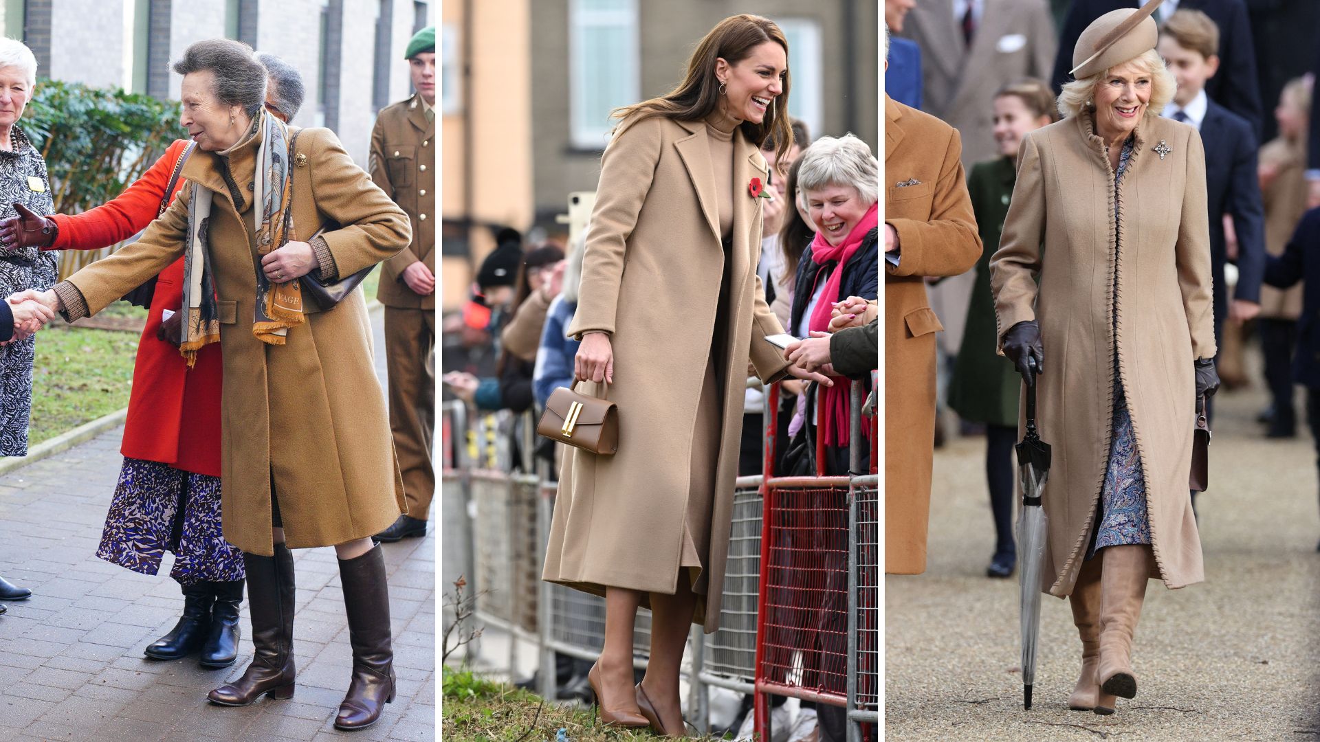 Kompozit ze tří obrázků princezny Anny, princezny z Walesu a Queen Camilla, každý na sobě Camel Coats