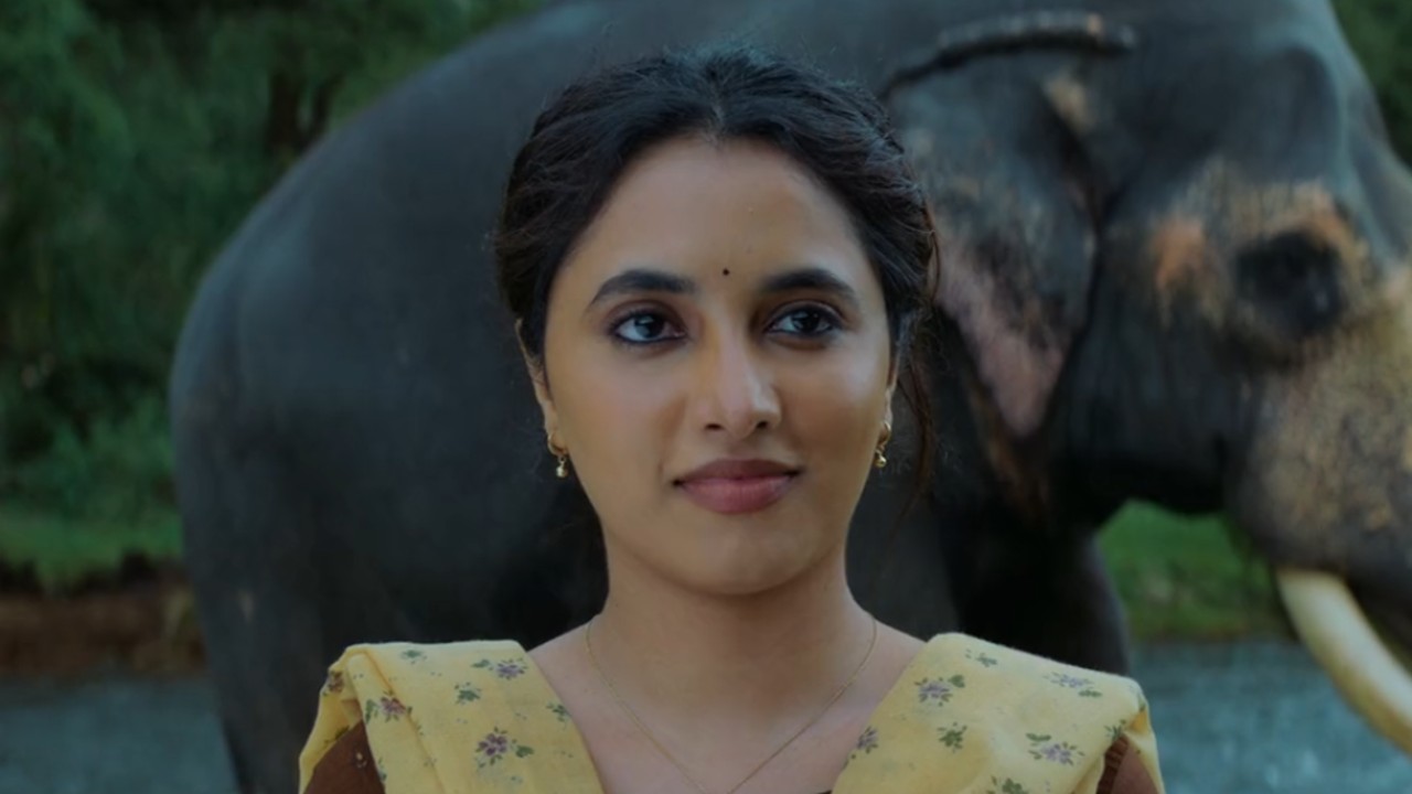 Priyanka Mohan standing in front of an elephant in Made in Korea.