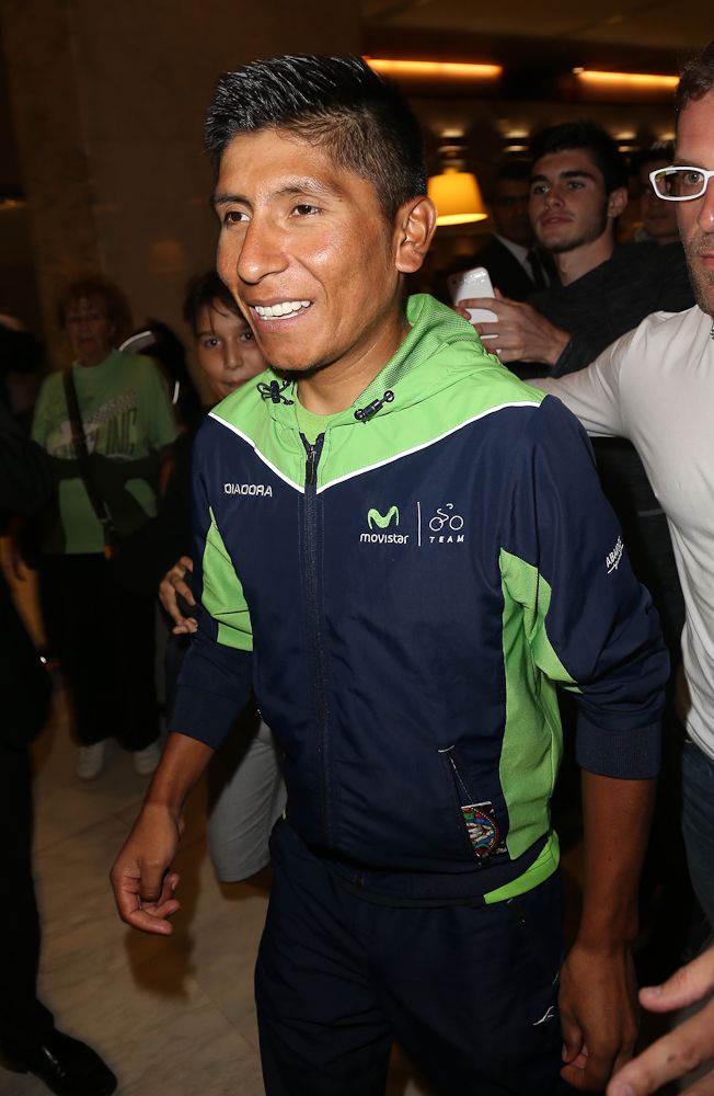 Nairo Quintana leaves his hotel for the team's party following the 2015 Tour de France