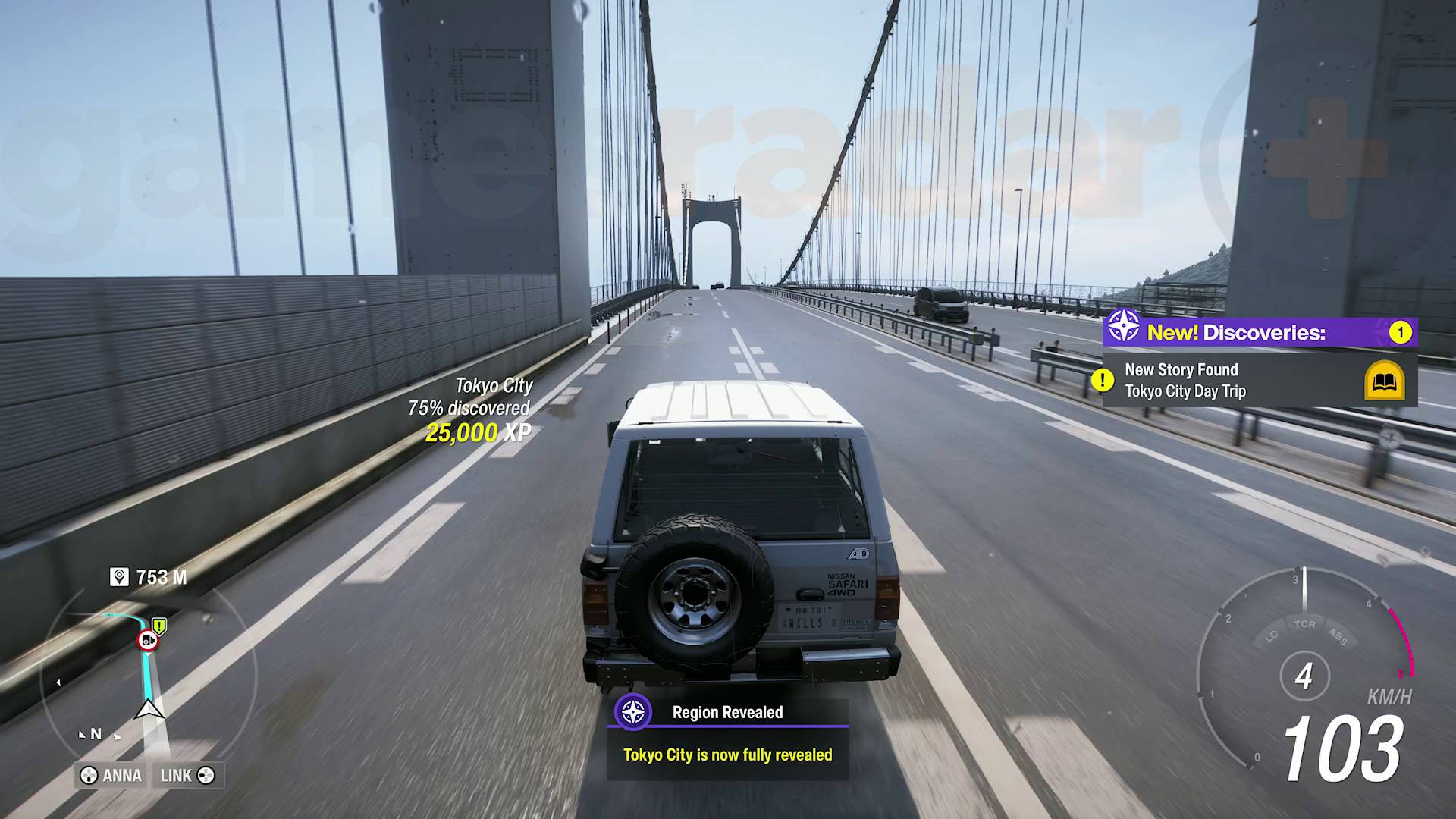 Forza Horizon 6 driving over the tokyo rainbow bridge and 100% de-fogging the region and getting XP rewards