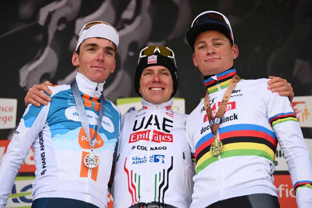 LIEGE BELGIUM APRIL 24 LR Romain Bardet of France and Team dsmfirmenich PostNL on second place race winner Tadej Pogacar of Slovenia and UAE Team Emirates and Mathieu van der Poel of The Netherlands and Team Alpecin Deceuninck on third place pose on the podium ceremony after the 110th Liege Bastogne Liege 2024 Mens Elite a 2545km one day race from Liege to UCIWT on April 24 2024 in Liege Belgium Photo by Dario BelingheriGetty Images