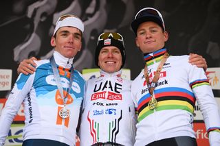 LIEGE BELGIUM APRIL 24 LR Romain Bardet of France and Team dsmfirmenich PostNL on second place race winner Tadej Pogacar of Slovenia and UAE Team Emirates and Mathieu van der Poel of The Netherlands and Team Alpecin Deceuninck on third place pose on the podium ceremony after the 110th Liege Bastogne Liege 2024 Mens Elite a 2545km one day race from Liege to UCIWT on April 24 2024 in Liege Belgium Photo by Dario BelingheriGetty Images