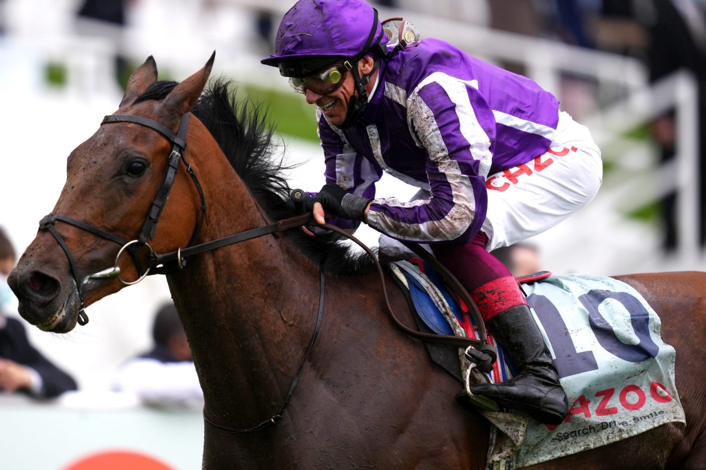 Frankie Dettori looks delighted as Snowfall wins the 2021 Cazoo Oaks at Epsom. Photo by John Walton - Pool/Getty Images)