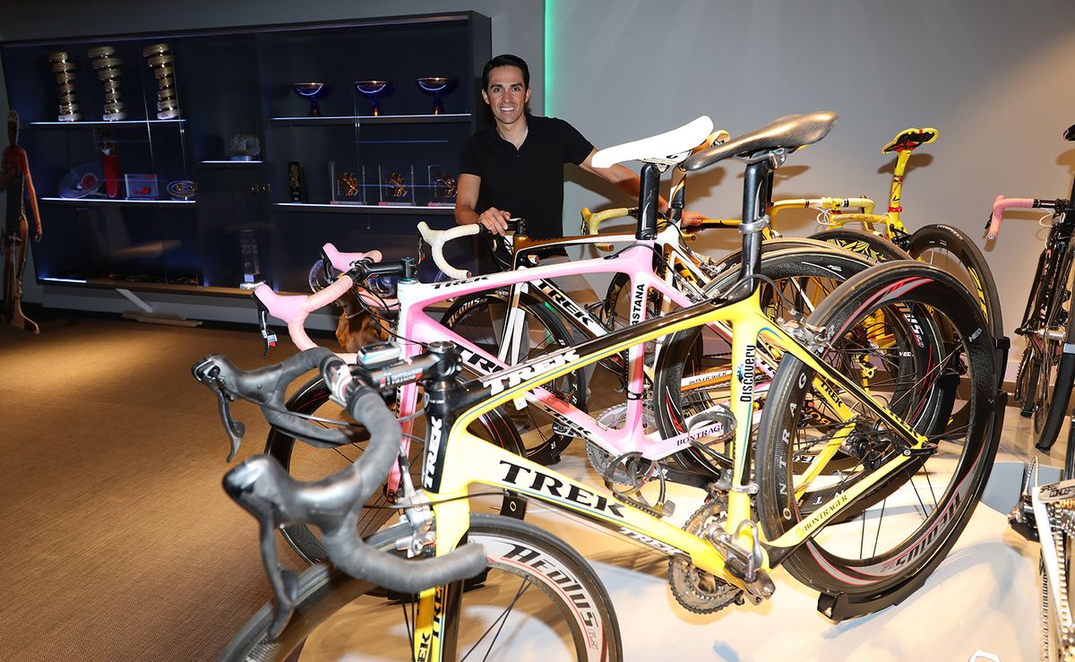 A yellow Trek from Contador's 2007 Tour de France win with the Discovery team, in front of a pink one from his 2008 Giro win with Astana