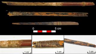 Three Neolithic arrows recovered from the Cave of Los Murciélagos in Albuñol: reed and wood (above) and details of tied sinew fibres, feathers and birch bark pitch (close up images below).