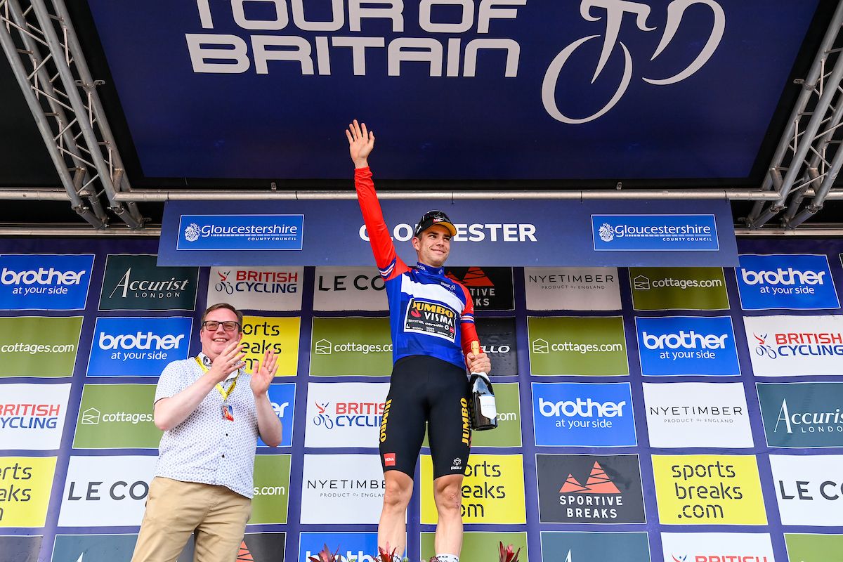 Picture by Simon Wilkinson/SWpix.com - 09/09/2023 - Cycling - 2023 Tour of Britain - Stage 7: Tewkesbury to Gloucester (170.9km) - Wout van Aert of Team Jumbo Visma (Wearing the Leaders Jersey) on the podium leading the General classification