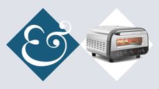 A silver pizza oven in a white diamond, with a dark blue diamond beside it with an & in it. Against a light blue background