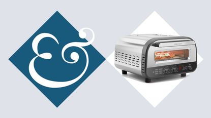 A silver pizza oven in a white diamond, with a dark blue diamond beside it with an & in it. Against a light blue background