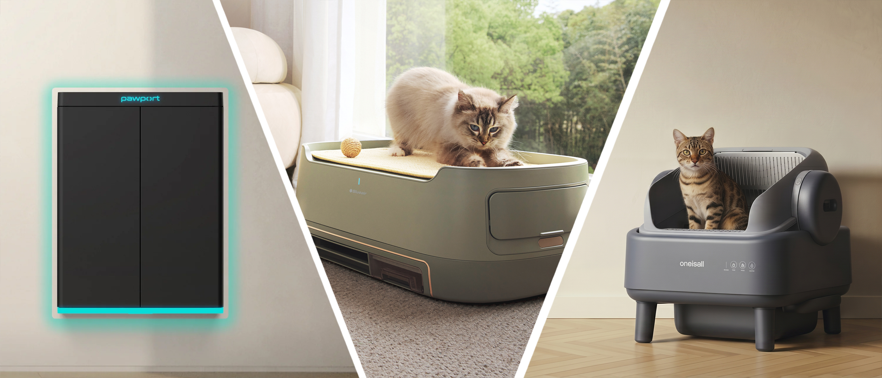 A smart cat door, cat on an air purifier/pet bed, and a cat in a smart litter box