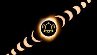graphic showing stages of a total solar eclipse and in the center is totality with the sun eclipsed and there is a yellow notification bell in the center.