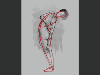 Sketch of a person standing up, half turned and bending back