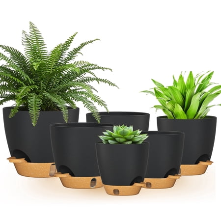 Fiason 6 Pack Self Watering Plant Pots, Black With Brown Base, 5/5.5/6/6.5/7/8 Inch, With Watering Lip, Drainage Holes &amp;amp; Removable Saucer, for Indoor Outdoor Garden House Plants