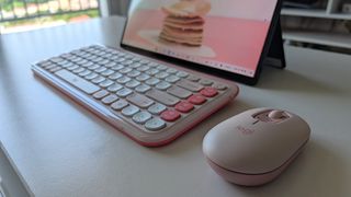 Logitech POP ICON Keys keyboard and POP mouse in pink