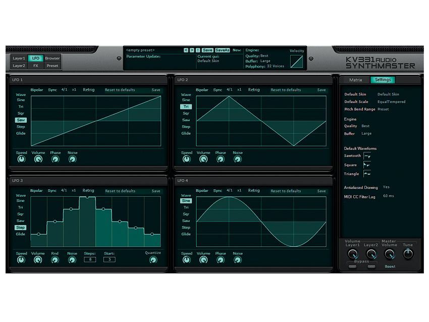 LFO shapes ahoy! Note the step LFO editor in the bottom left panel.