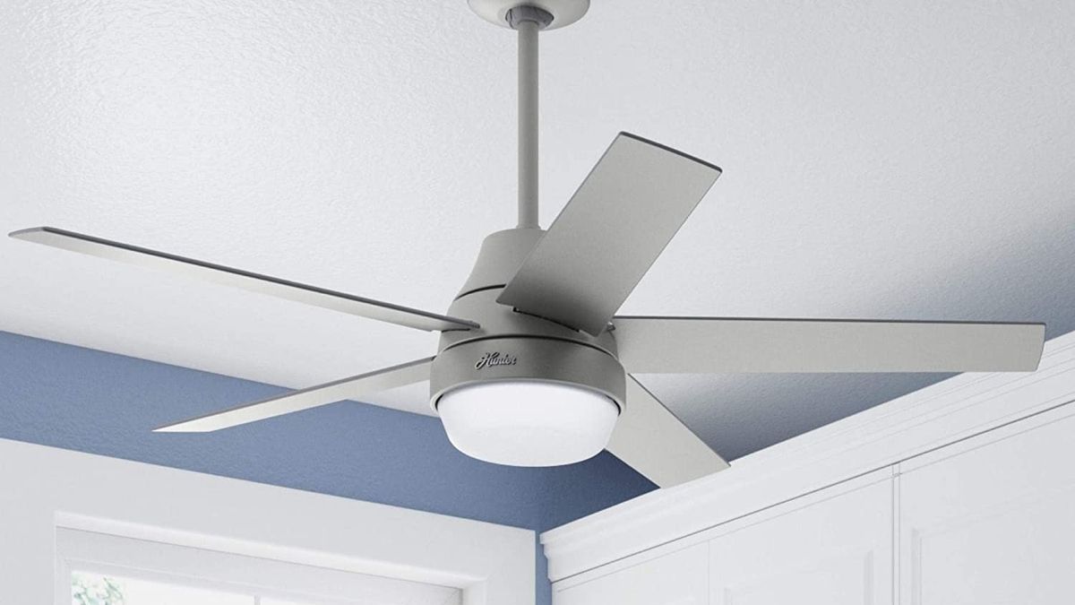 Hunter Aerodyne Ceiling Fan Matte Silver mounted on a ceiling